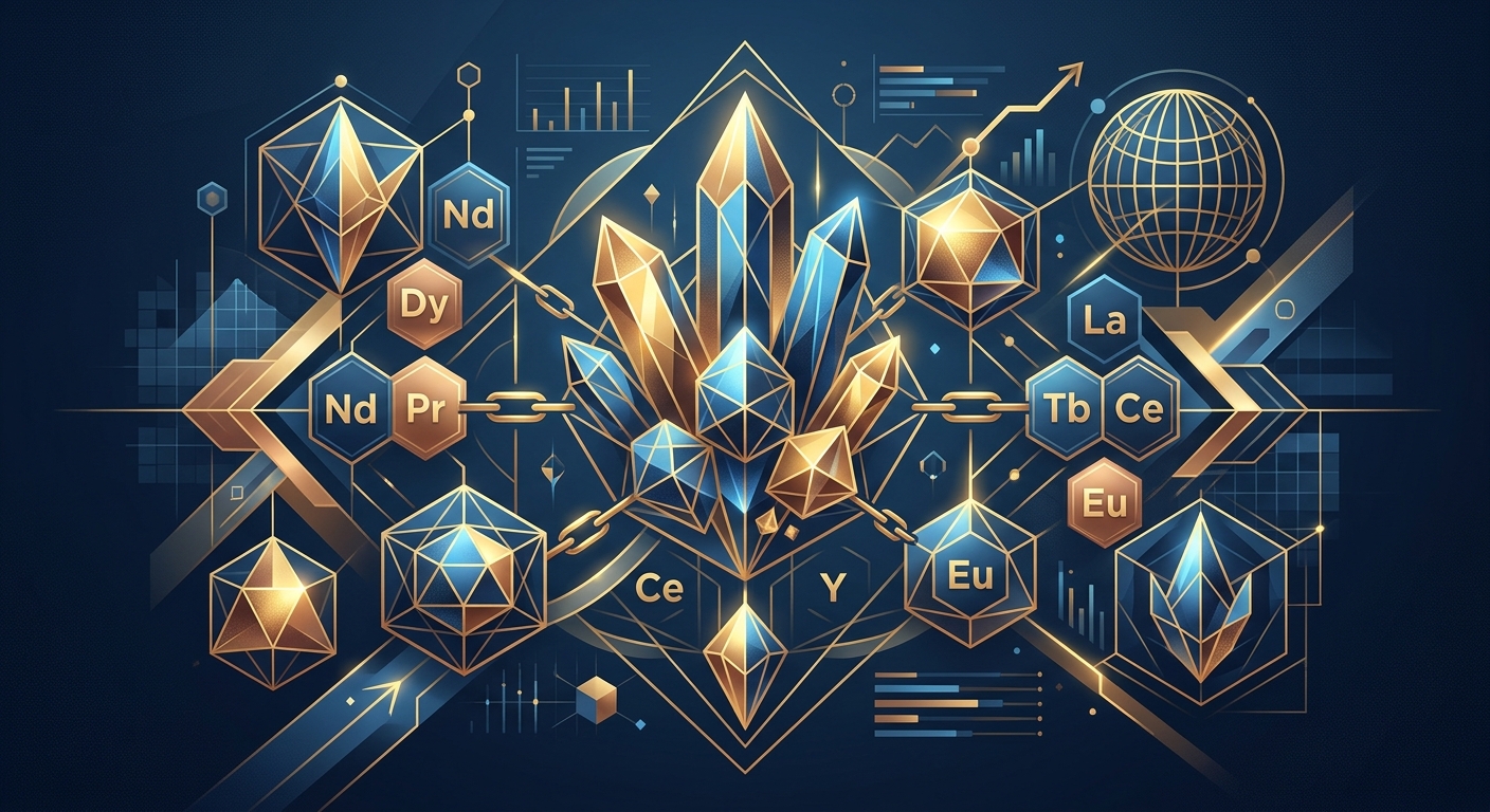 Abstract illustration of rare earth element crystalline structures and strategic mineral supply chains